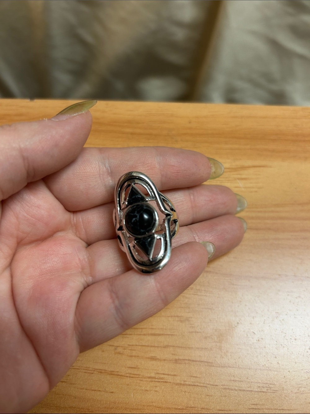 Silver-Tone Black Marble Stone Women's Statement Ring